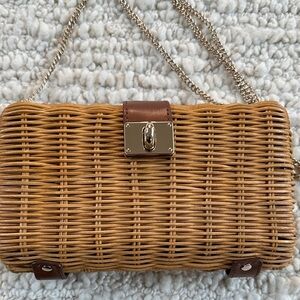 J. Crew Brown Wicker Clutch with Gold Chain